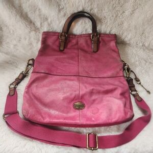 Fossil Pink Explorer Leather Foldover Tote Magenta Fuchsia Y2K Vintage